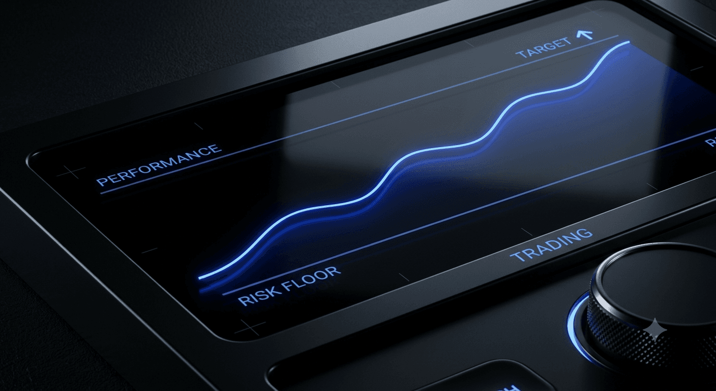 Options trader reviewing an evaluation trading account dashboard showing drawdown and profit target progress on screen